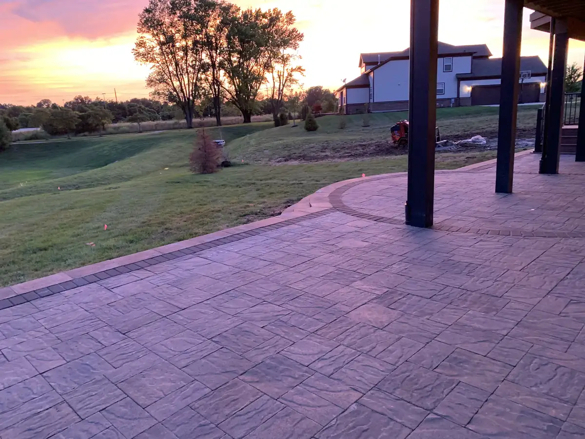 Paver patio with pergola at sunset in St. Louis