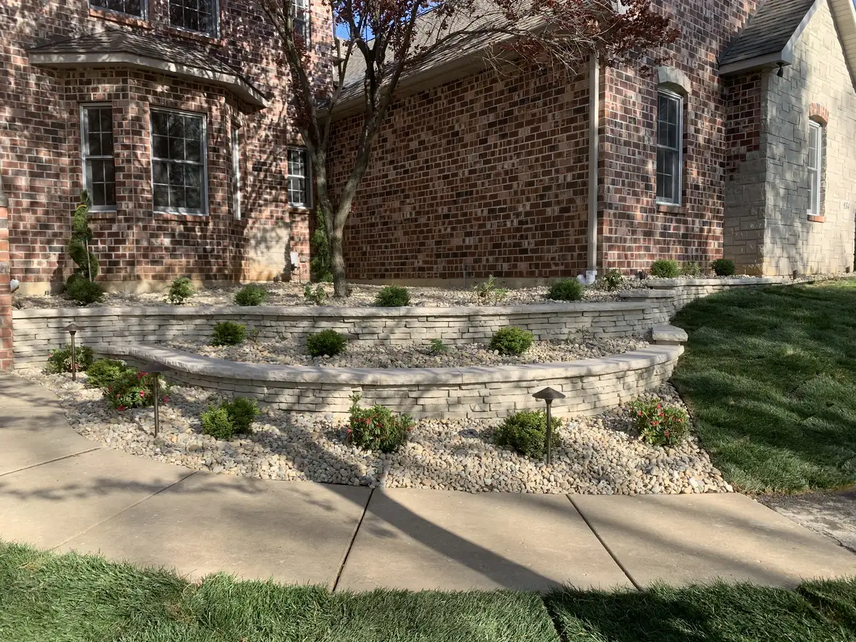 Tiered block retaining wall with landscaping in St. Louis